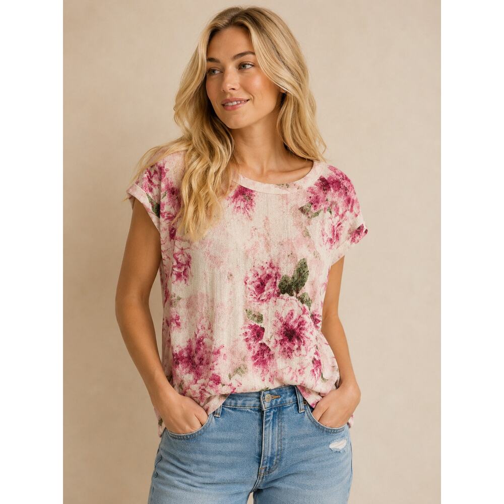LR2611 LuLaRoe Women’s Large Pink Floral Short Sleeve Soft Stretch Top
